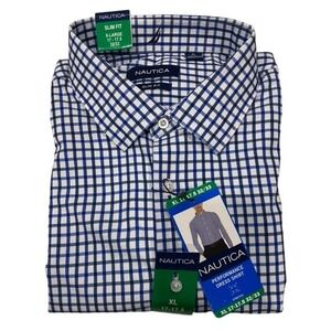 Nautica Mens Slim Fit Performance Dress Shirt Navy White Gingham 17-17.5 32/33